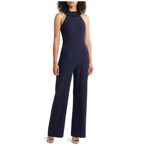 ELIZA J Womens Ruffle Halter Neck Jumpsuit Size 8 Navy NWT - Picture 1 of 14